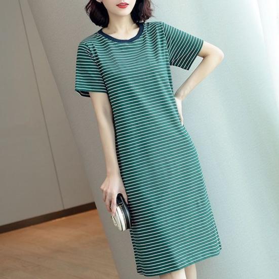 Women Casual Striped Middle Dress Short Sleeve Loose Round Neck Summer Lightweight Comfortable Office Beach Dress