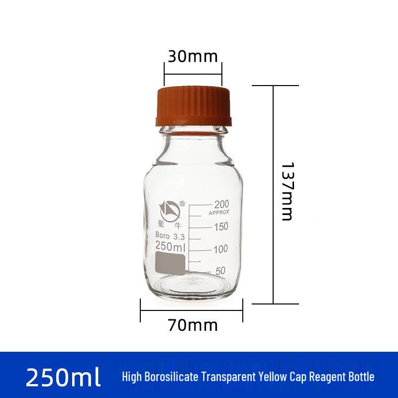 Borosilicate Glass Reagent Bottles: Blue, Yellow, and Brown Caps Included
