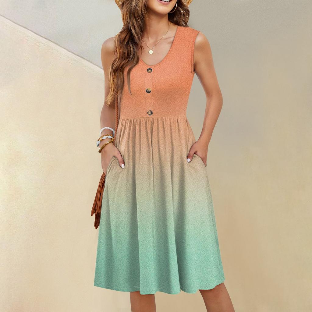 Women's Casual Fashion Sexy V-neck Button Decoration Sleeveless Waist Gradient Print Dress