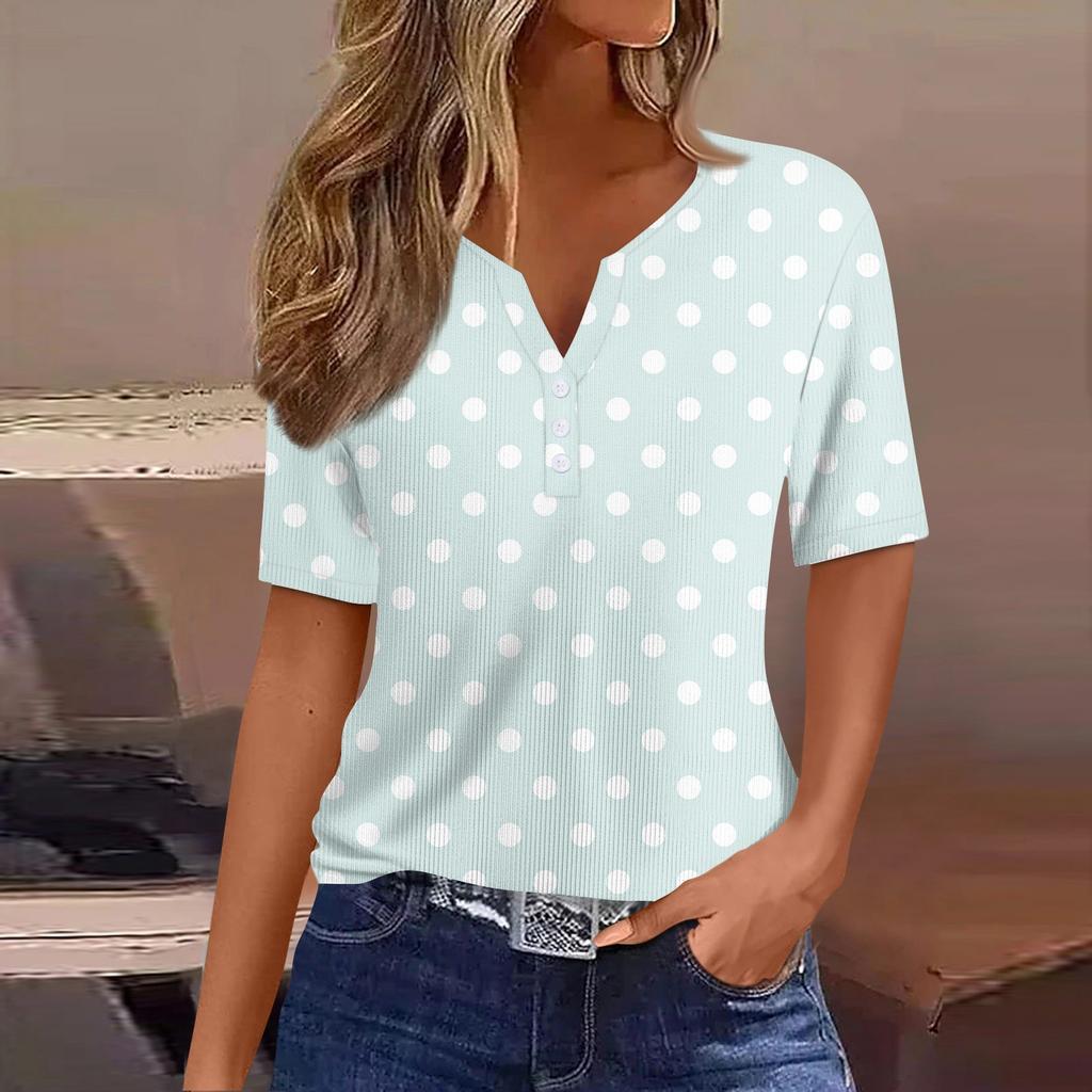 Women's Casual Printed V-Neck Short Sleeve Decorative Button T-Shirt Top