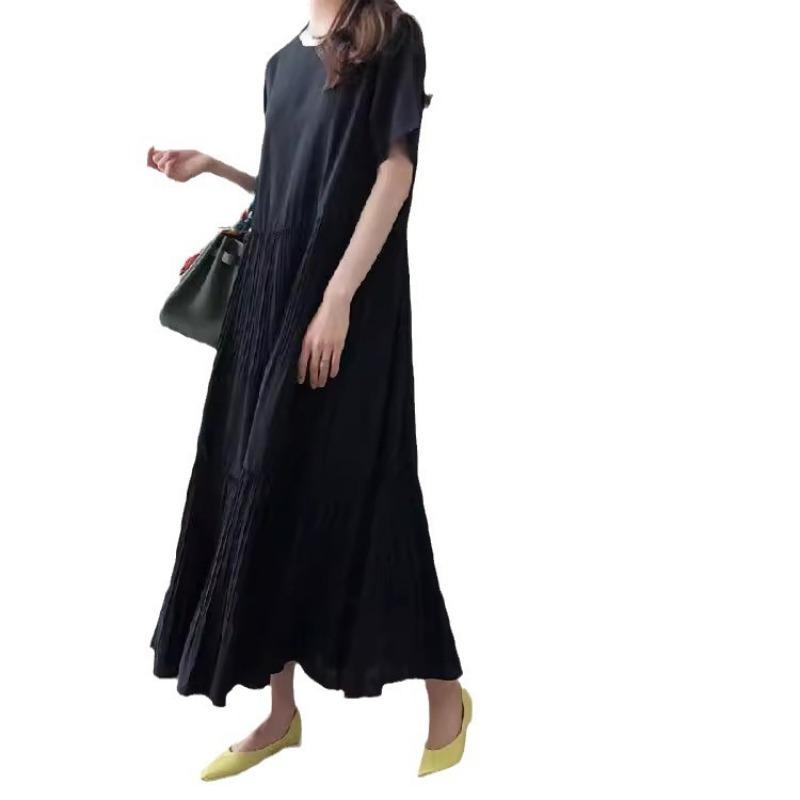 Summer Solid Color Round Neck Literary Loose Pleated Short Sleeve Dress