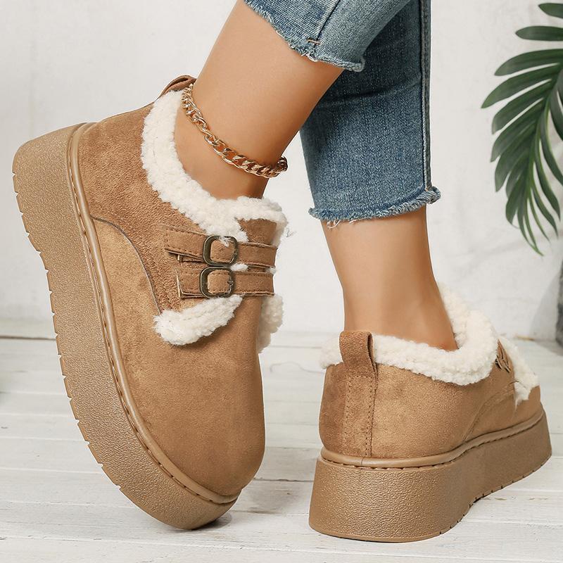 Fashion Thick Sole Plush Winter Cotton Shoes Women Fashion Buckle Non Slip Platform Snow Boots Woman Warm Fleece Lining Ankle Boots 42
