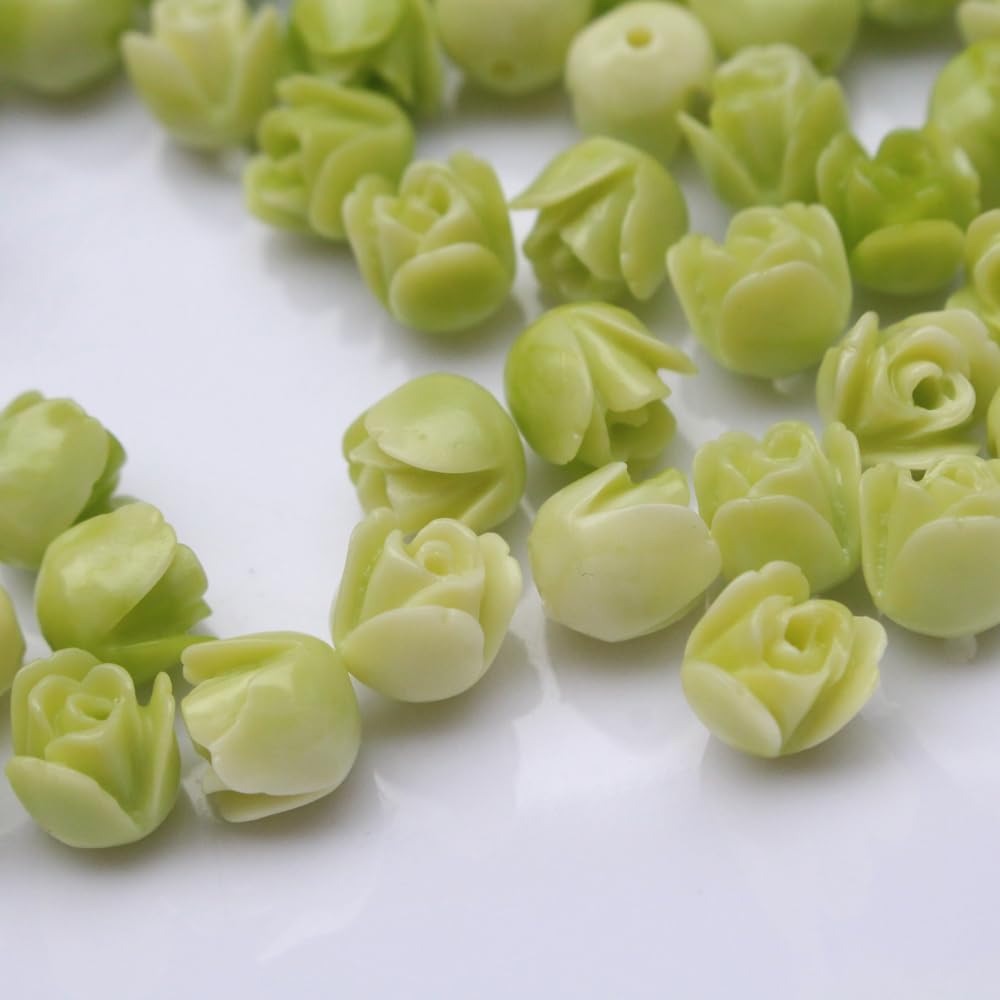 pumpie 100pcs 7mm Synthetic Coral Tulip Flower Beads Light Green Color for Bracelets Necklace Earring Jewelry Making Charms Art Craft DIY,