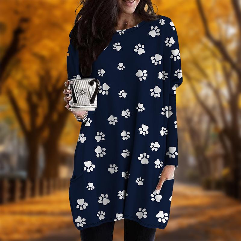 Новинка осени однотонное платье большого размера с принтом собачьей лапки, женское повседневное платье с круглым вырезом и длинными рукавами и карманами
