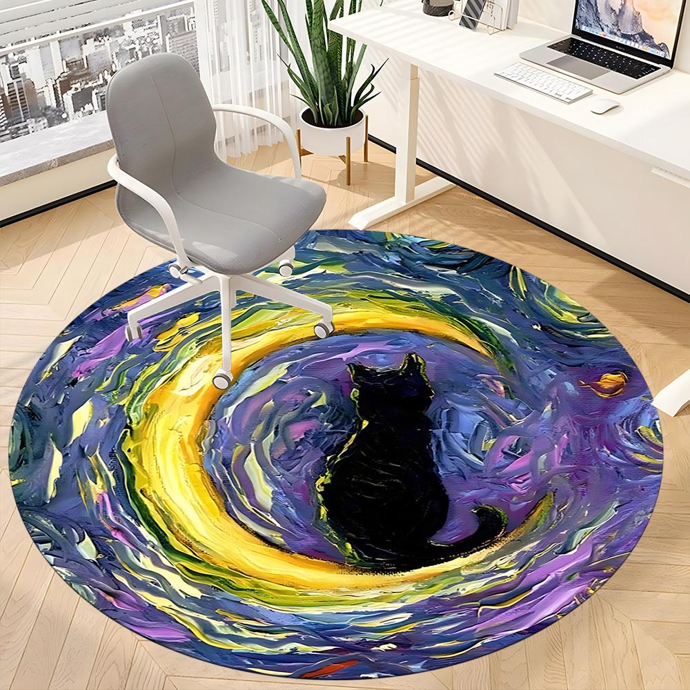 1pc Whimsical Feline Office Round Area Rug, Indoor Mat Suitable ForOffice, Under Office Chairs Bedroom Living Room Home Decor, Room Deco T180