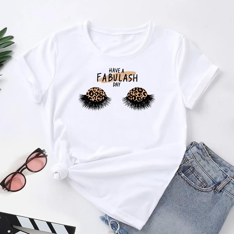 (Asian Size) Women Print Tee Top Fashion Eye Lashes Style Cute Trend 90s T Shirt Woman Female Clothing Short Sleeve Graphic T-shirts