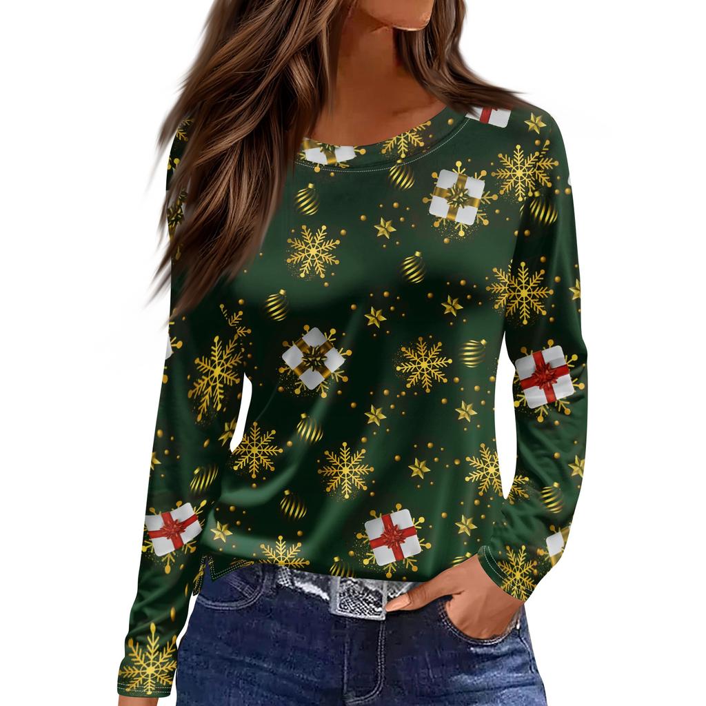Women's Fashion Casual Slit Hem Round Neck Long Sleeve Loose Printed T-Shirt Ladies Top Christmas