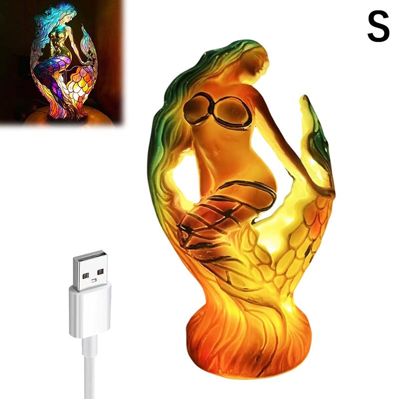 Серия настольных ламп с животными, Витражный кот, Дракон, Волк, Лошадь, Сова, Дельфин, Черепаха, Слон, Настольная лампа-ночник Русалка