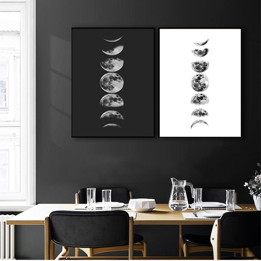 Poster Painting La Luna Pictures Home Wall Art Decor Moon Phases Canvas Print , Black and White