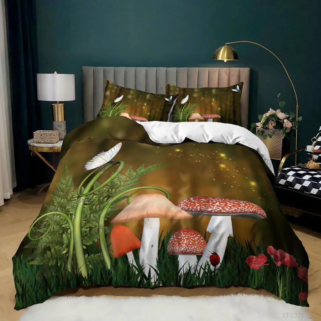 Mushroom Duvet Cover King Queen Size Magic Forest Colorful Cute Psychedelic Mushrooms Polyester Bedding Set for Kids Multicolor