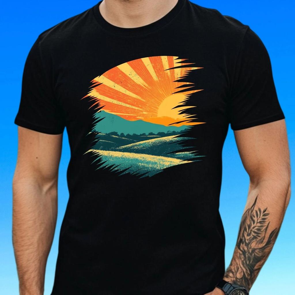 T-Shirt Herren Retro Sonnenuntergangslandschaft Motiv Baumwolle Größe S bis 5XL