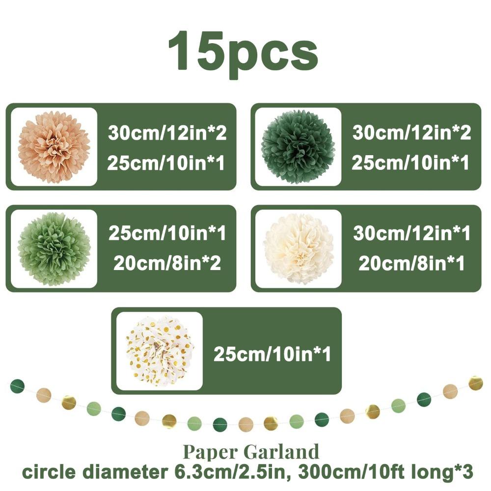 15pcs Wedding Party Decorations Set Green Tissue Paper Pom Poms Dot Paper Garland String Hanging Backdrop for Engagement Green Boho Wedding