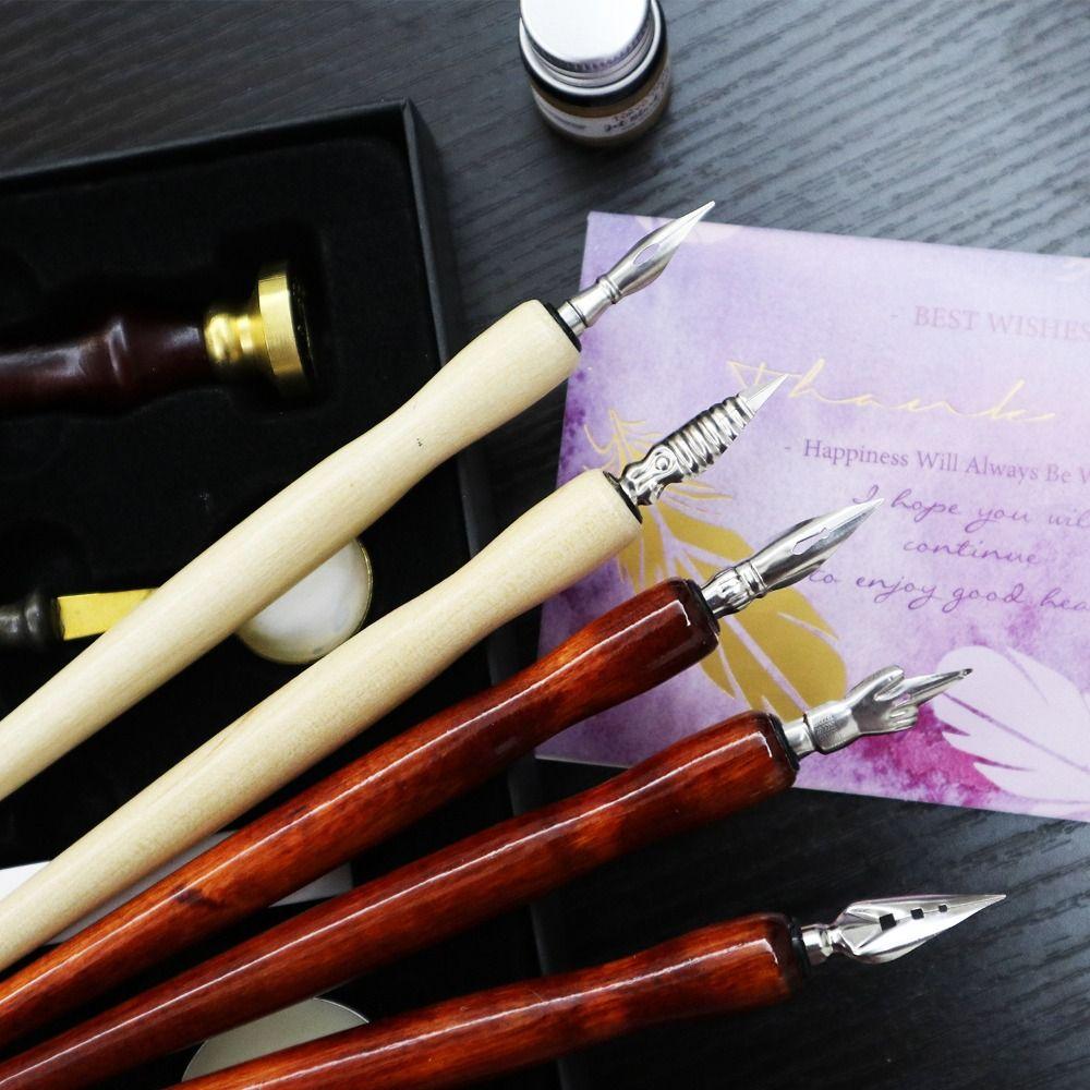 1pcs Stainless Steel Tip Calligraphy Pen Wooden Rod Signature Pen Multi-functional Dip Pen Students
