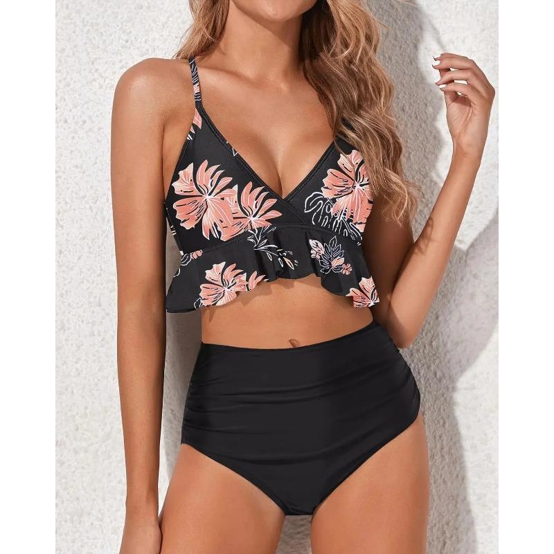 Купальник бикини с высокой талией, однотонный, раздельный дизайн, отделка краем в виде листьев, китайский бренд, модный женский купальник