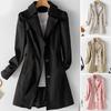 Women Fall Spring Coat Slim Fit Single-breasted Solid Color Turn-down Collar Pockets Mid Length Korean