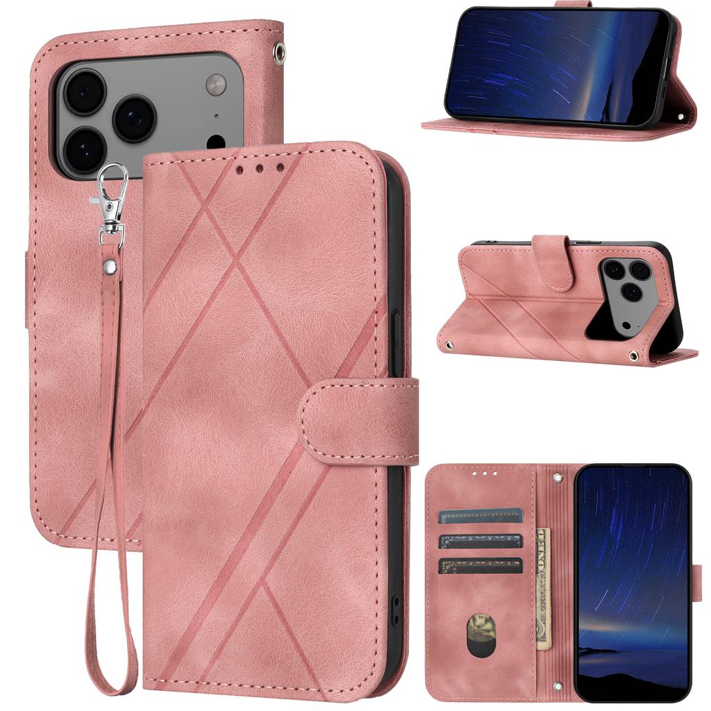 For iPhone 17 Pro Max Case Imprinted Line Leather Phone Cover with Handy Strap