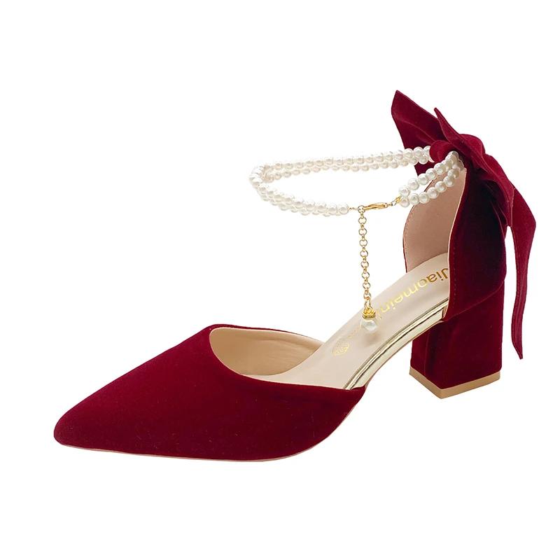 Милая большая бабочка Женские туфли на толстом каблуке Тренд Красная замша Жемчуг Пряжка Высокие каблуки Женские свадебные туфли Женские 34-40