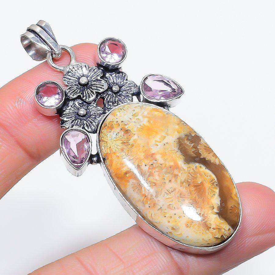 Natural Fossil Coral, Kunzite 925 Sterling Silver Jewelry Pendant 2.60" R0s48