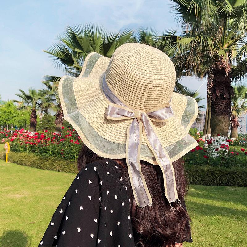 New Female Net Yarn Straw Hat Outdoor Hat Beach Hat Sun Straw Hat Wide Brim Floppy Hat