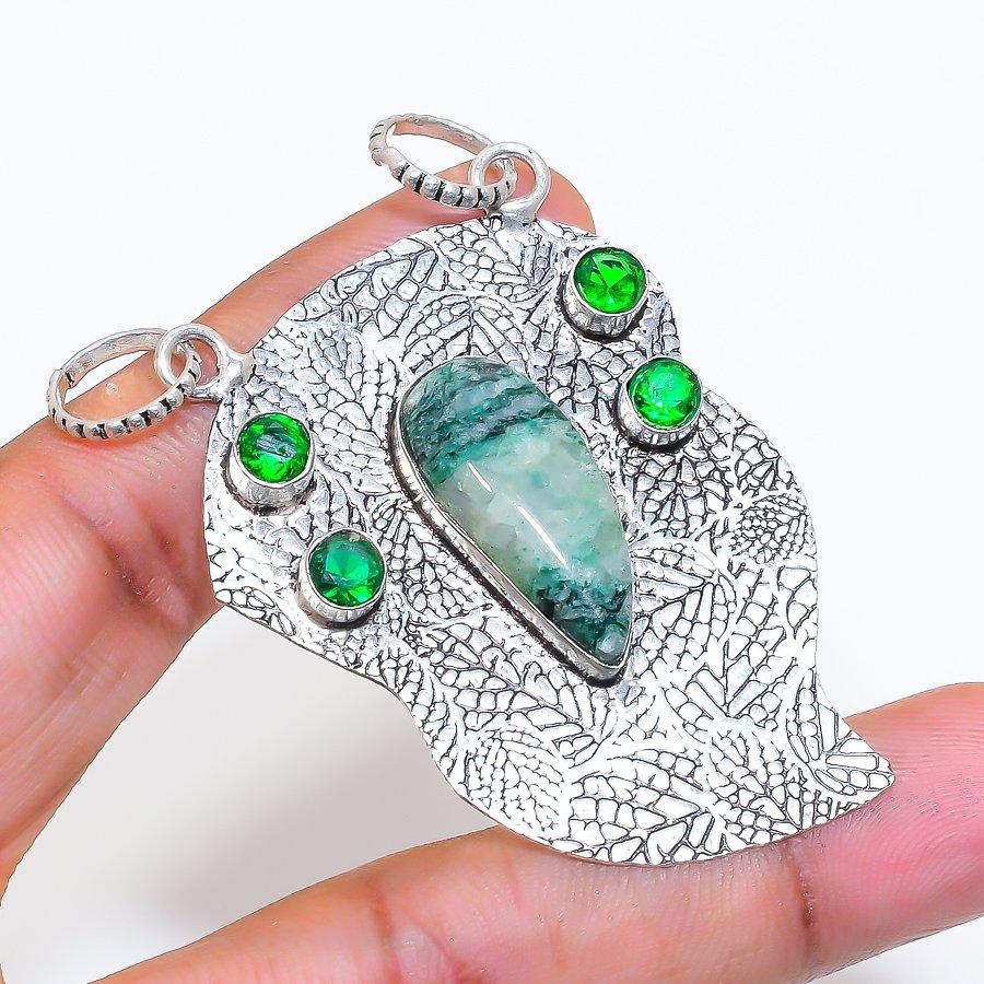 Natural Green Aventurine, Diopside 925 Sterling Silver Pendant 2.48" ZS-567