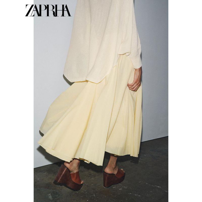 Zaprha 2025 Summer New Fashion A Word Hem Wide Hem Pleated Midi Waist Skirt 4786249