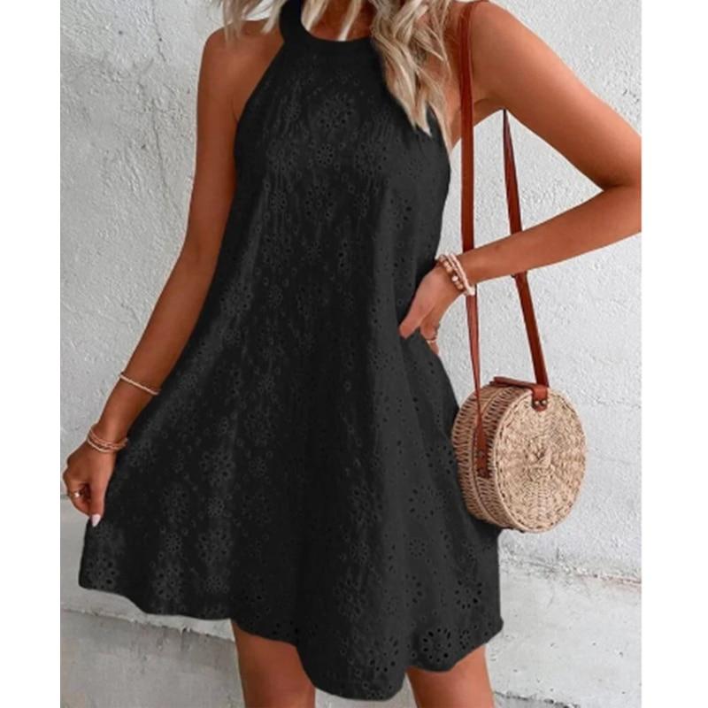 Vintage Floral Hollow Out Sleeveless Dress Women Halter Elegant White Dresses Summer 2023 Solid A Line Short Dress Women 27749