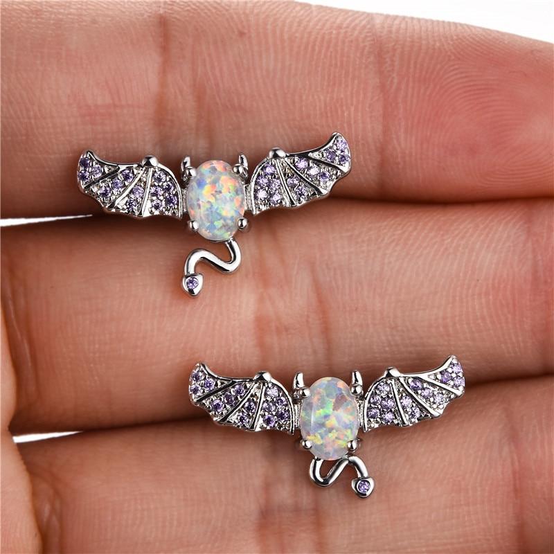 Креативные серьги-гвоздики с изображением летучей мыши для женщин, ювелирные изделия на Хэллоуин, винтажные модные серьги из серебра 925 пробы с фиолетовыми крыльями, серьги с белым опалом