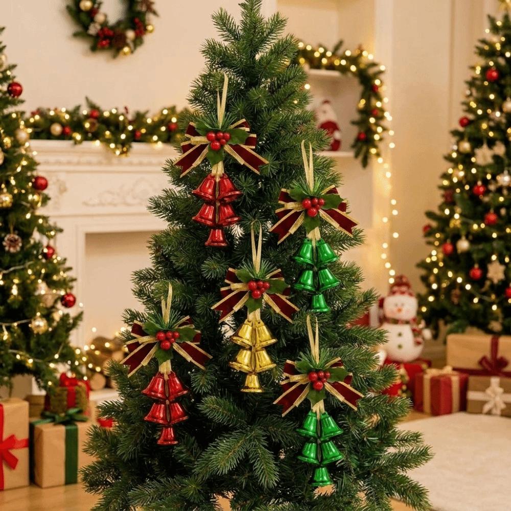 Artificial Pine Sprig Christmas Bell Pendant Velvet Bow Xmas Bow Bell Hanging Decor Front Door