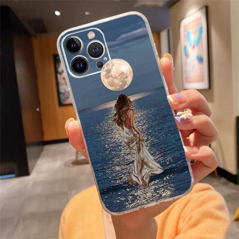 Чехол для телефона для iphone 17 Pro Max Air 16 15 14 13 Pro Max 15 16 Pro 15Plus Лунная ночь Планета Девушка