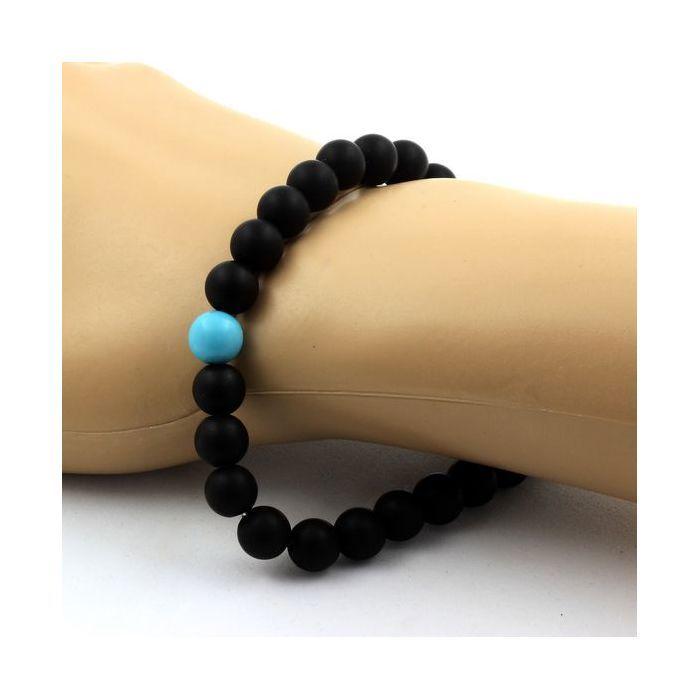 Pierres et Minéraux. Bracelet Perles Onyx noir mat + Turquoise 8 mm. Fabriqué en France.