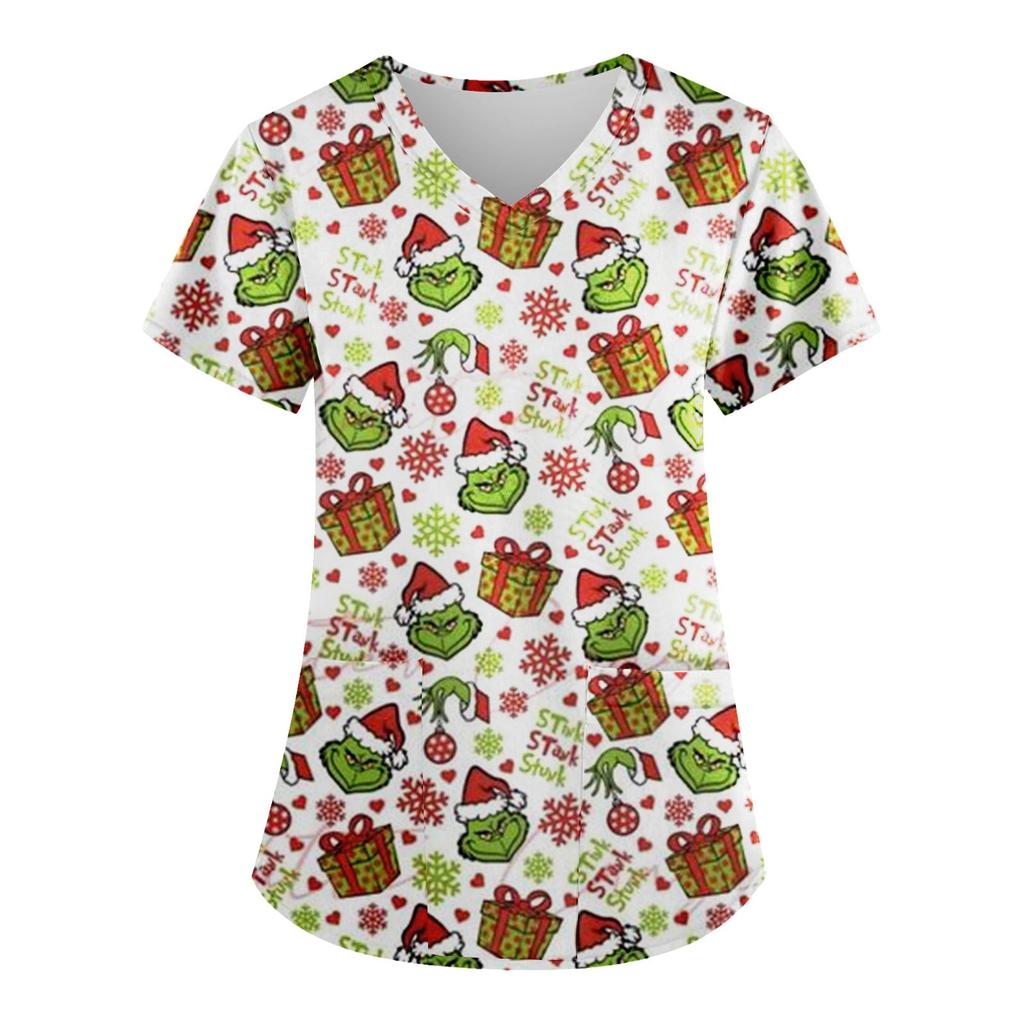 Женские модные топы с короткими рукавами и V-образным вырезом с принтом, рабочие футболки с карманами