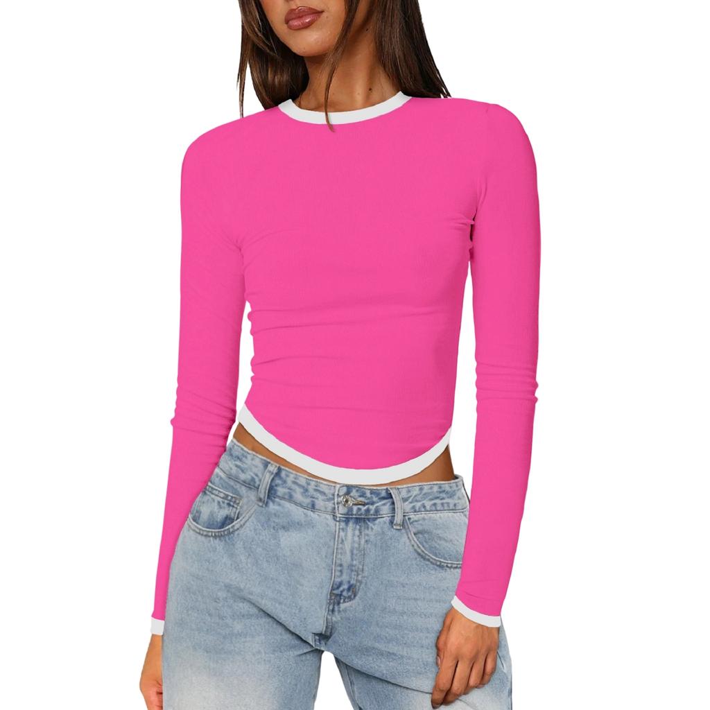 Women's Long-Sleeve  Slim-Fit Color Block Crop Base Layer Top