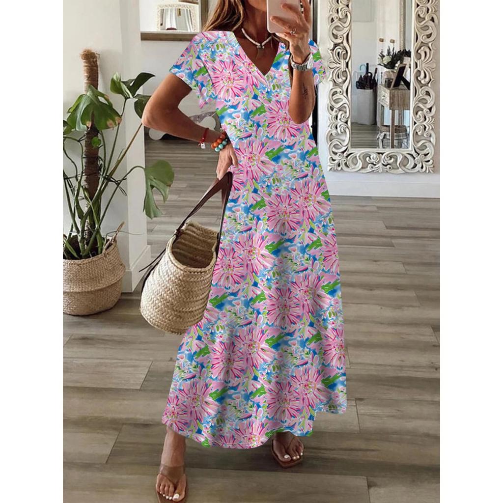 QICED Весна-лето Женское платье-трапеция с V-образным вырезом и коротким рукавом в стиле бохо