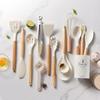 Silicone Kitchenware Set with Wooden Handles Heat Resistant Turner Tongs Spatula Spoon Brush Whisk Nonstick Cooking Tools