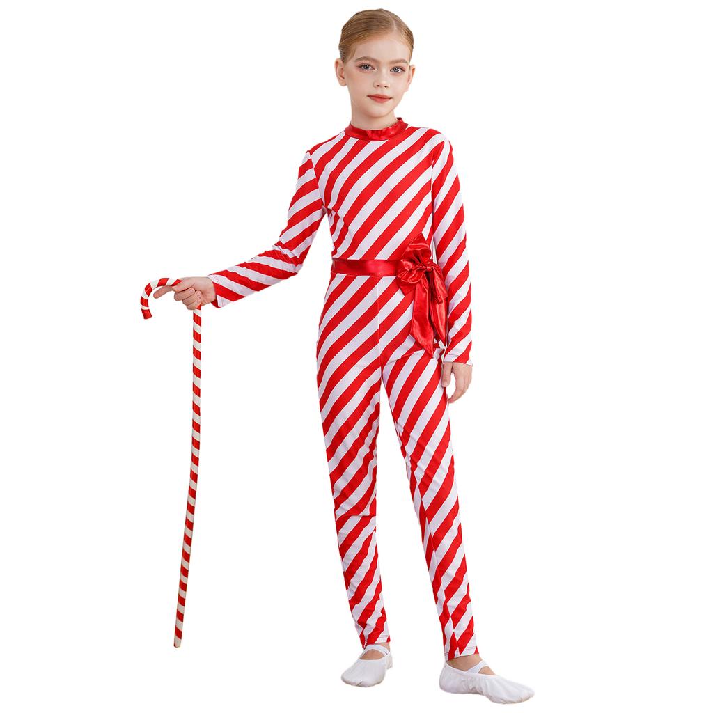 Girls Candy Cane Costume Striped Design Long Sleeve Bow Knot Bodysuit Dance Jumpsuit Christmas Party Outfit
