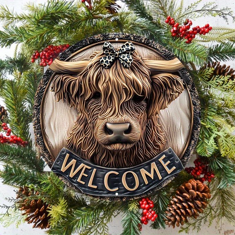 Wooden Door Hanger, Highland Cow Welcome Sign, Pre-drilled Weather Resistant, Wall Decor with HD Printing for Door, Wall, Home, Room, Farmhouse Street