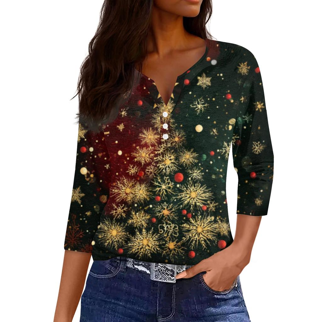 Women's Fashionable Casual Christmas Printed V-neck Three-quarter Sleeve Decorated Button Top