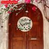 2D Flat 20*20cm1pc Hello Spring Green Leaves and Flowers Patterns Wooden Hanging Sign Spring Rustic Round Art Plaques Sign for Toilet Home Living Room