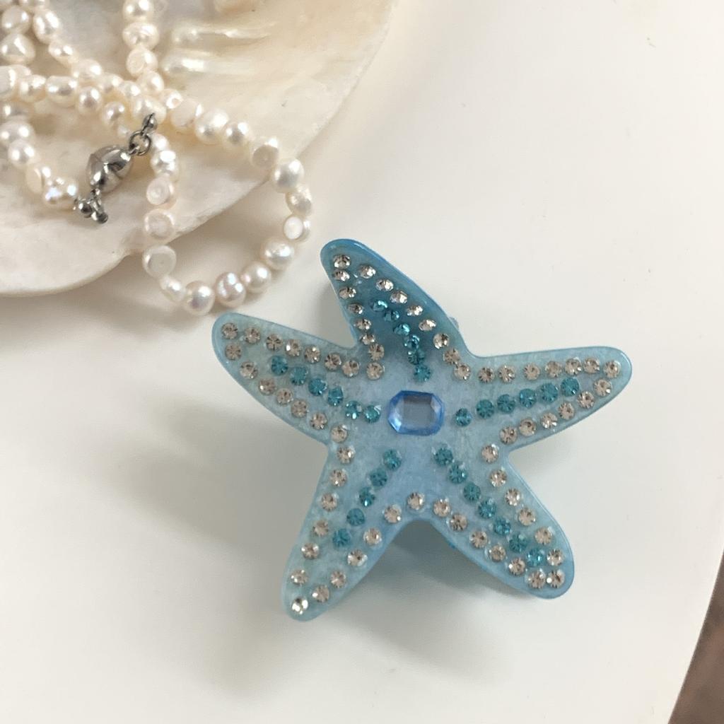 1pc Exquisite Starfish Acetate Grab Clip, Diamond-studded Blue and Pink Premium Hairpin, Shark Clip On the Back of Head