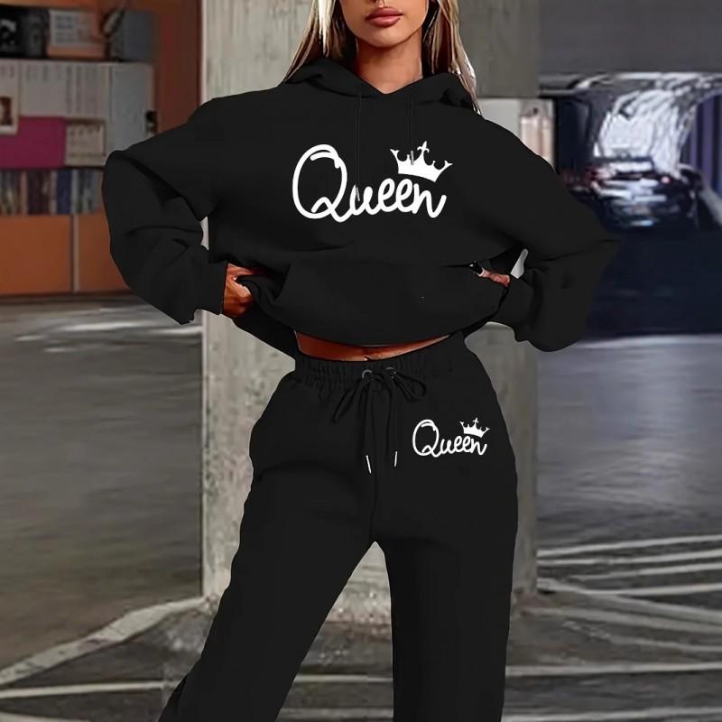 Womens Casual Hooded Sweatshirt Loose Pants Set With Letter Print Winter Wear