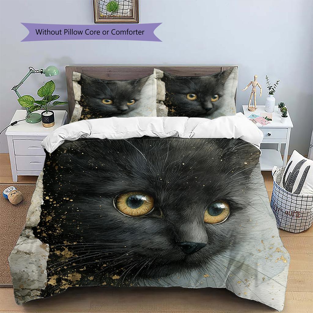 Black Cat Pattern Bedding Quilt Set Home Decoration Gift (1 * duvet cover + 2 * pillowcase without core)