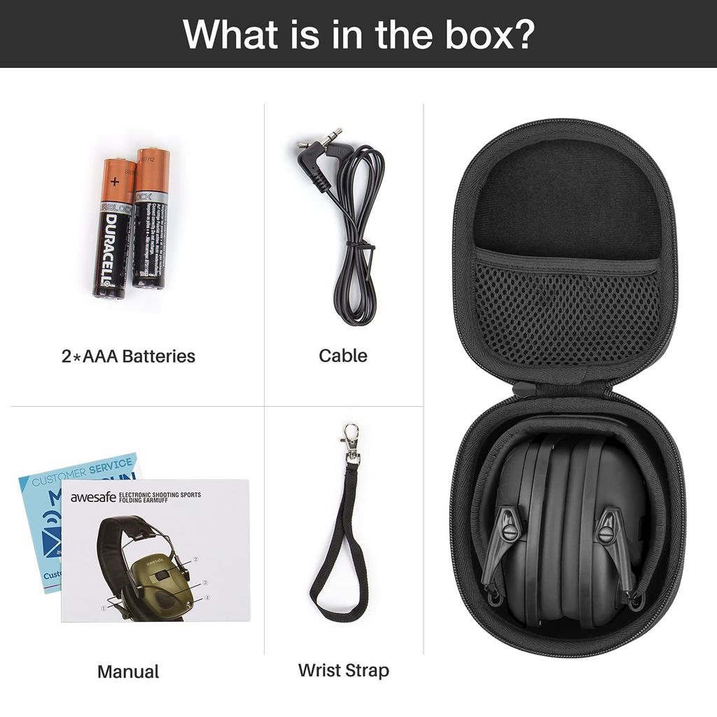 AWESAFE Electronic Shooting Noise Reduction and with Hard Travel Storage Carrying Bag Earmuffs, Amplification, (Small Box, Black)