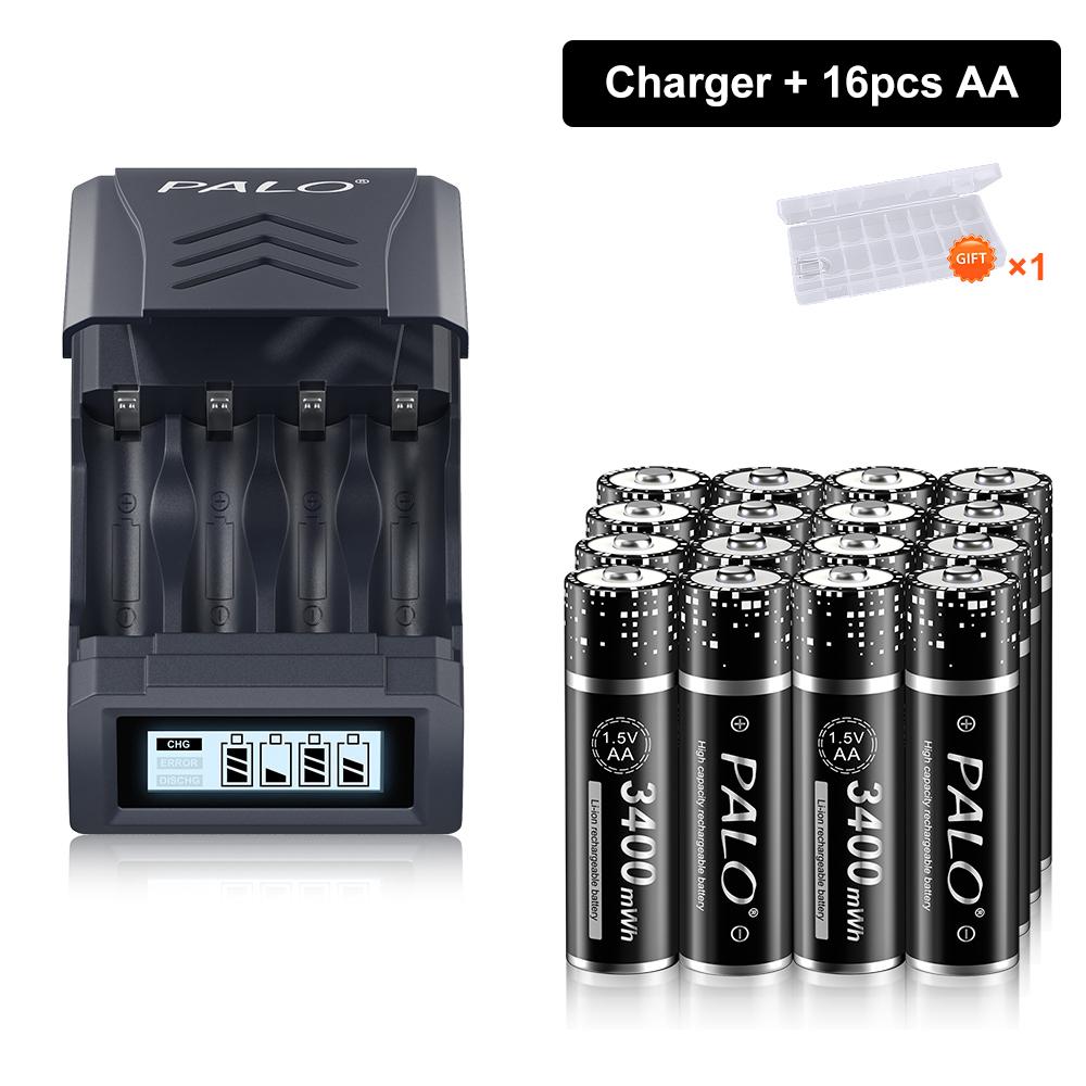 PALO 1.5V AA Li-ion Rechargeable Battery AA 1.5V 3400mWh Lithium AA Li-ion with 4 Slots Battery Charger for 1.5V AAA AA Li-ion Battery