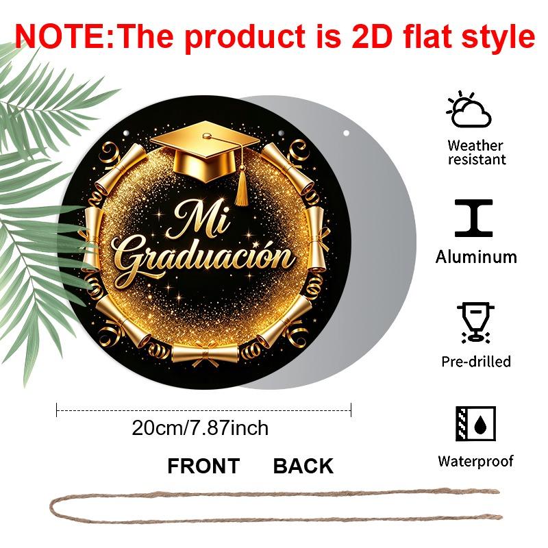 2D Flat Aluminum Graduation-themed Wall Hanging Available in Multiple Sizes Featuring A Spanish-language Black and Gold Glitter Graduation Cap and