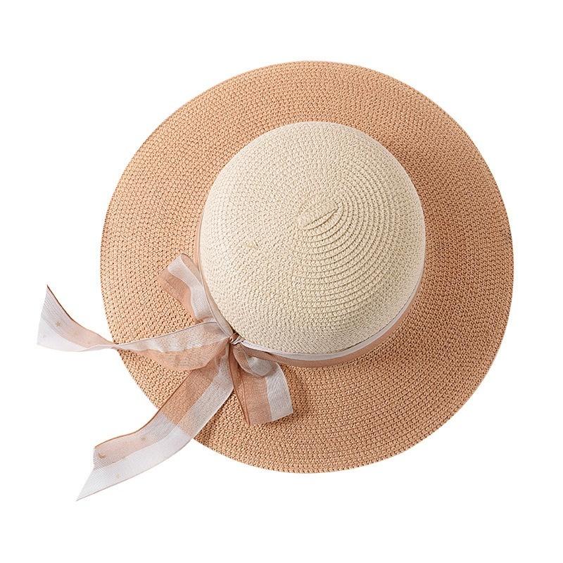 Fashion-двухцветная лоскутная полосатая летняя шляпа от солнца с бантом, женская соломенная пляжная шляпа, большая шляпа с полями