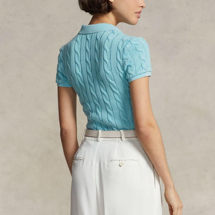 Polo Ralph Lauren SS23 Solid Cable Knit Polo Shirt Short Sleeves Women tops Blue WMPOKNINCU20643-300
