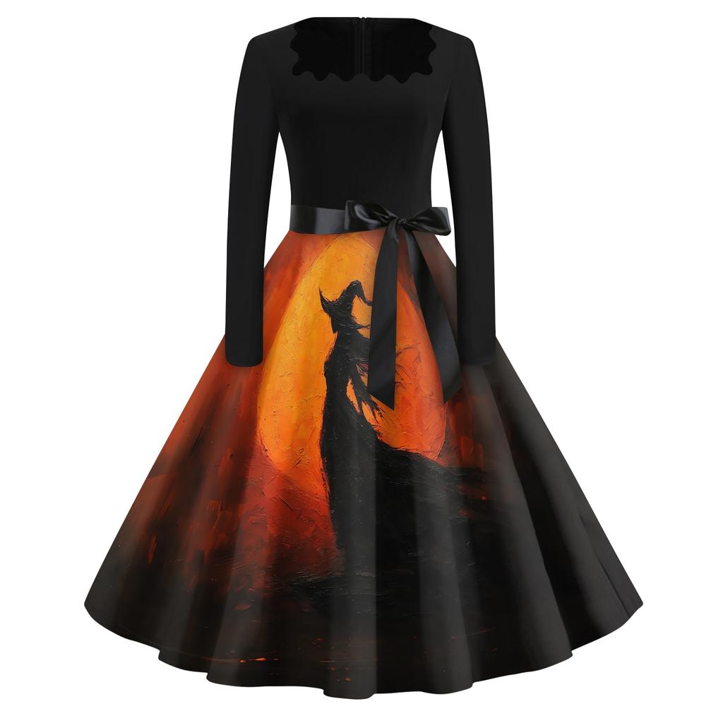 Women Casual Halloween Dress Long Sleeve Square Neck Vintage Style Fit Flare Dress with Spider Web Print and Waist Tie Belt