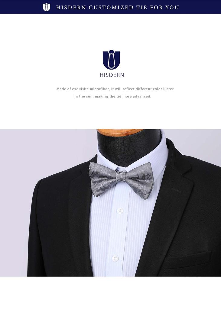 HISDERN Pre-Tied Paisley Bow Tie and Pocket Square Set, Light Gray