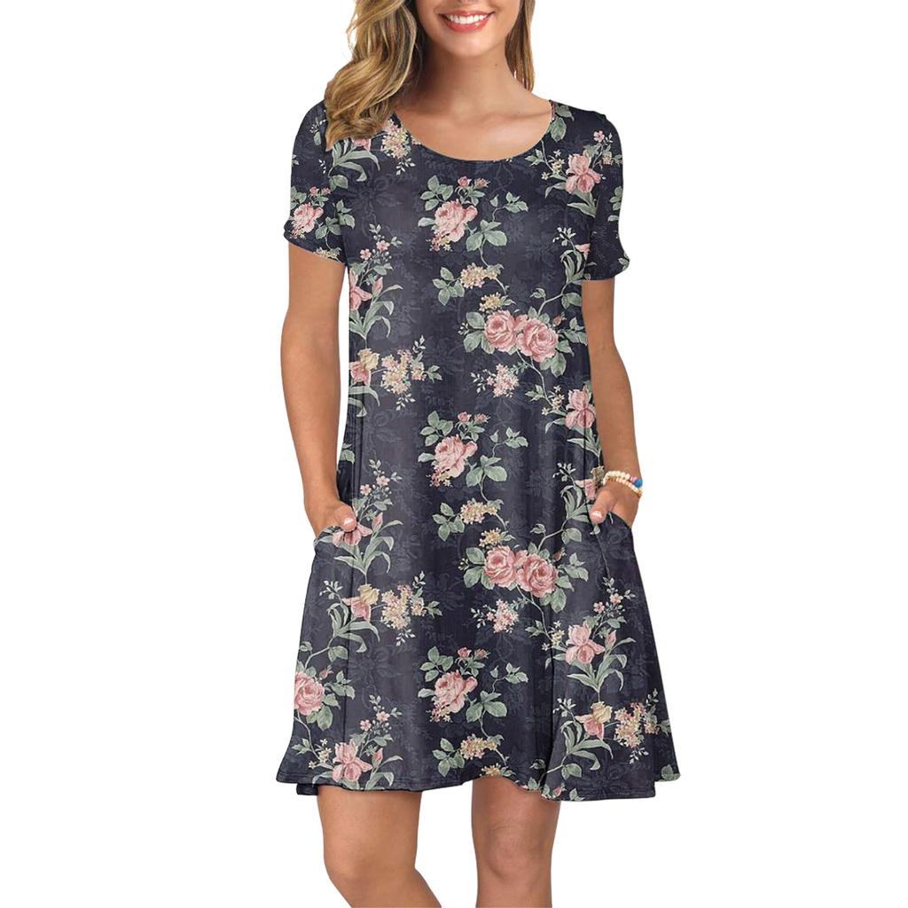 Women Summer Short Sleeve Flower Printed Pockets Sundress Casual Swing Dress