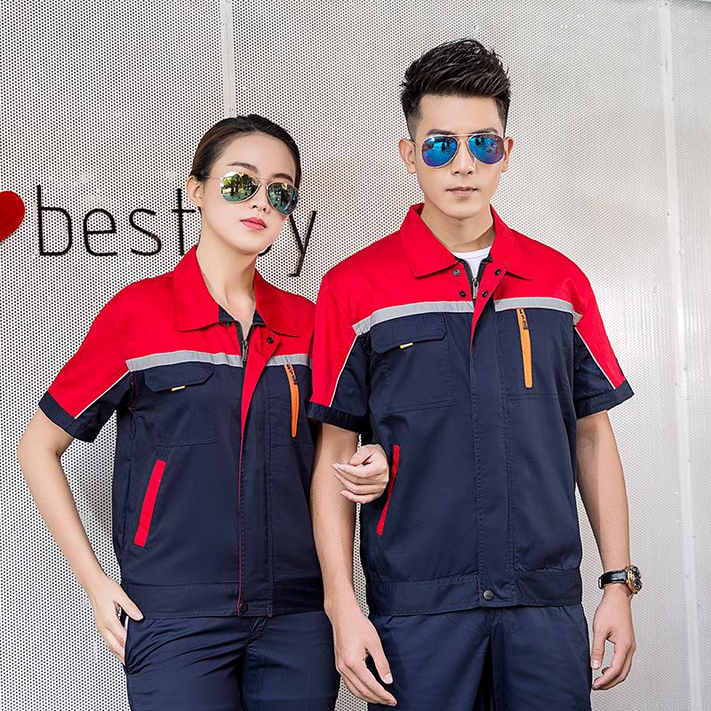 Летний рабочий комплект: Легкий дышащий топ и вышитый инженерный комбинезон для авторемонта.